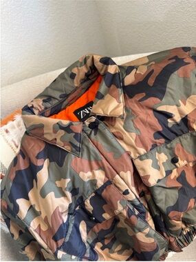 Zara Cropped Camo Bomber Jacket in Green, Brown & Black